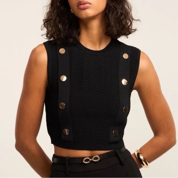 NEW ZARA S Black Sleeveless Crop Top Knit Vest Gold Button Accents Small NWT - Picture 3 of 15